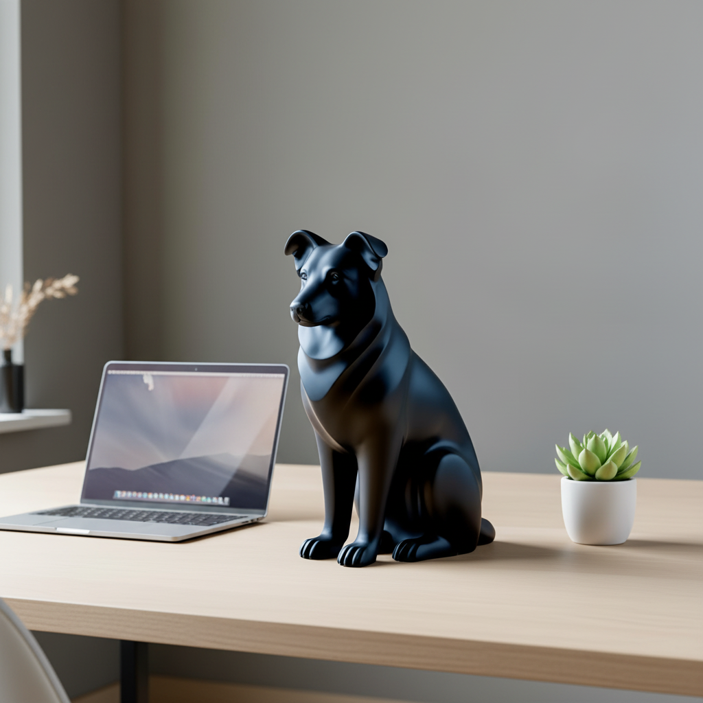 Black Australian Shepherd sculpture on a home office desk with laptop and plant
