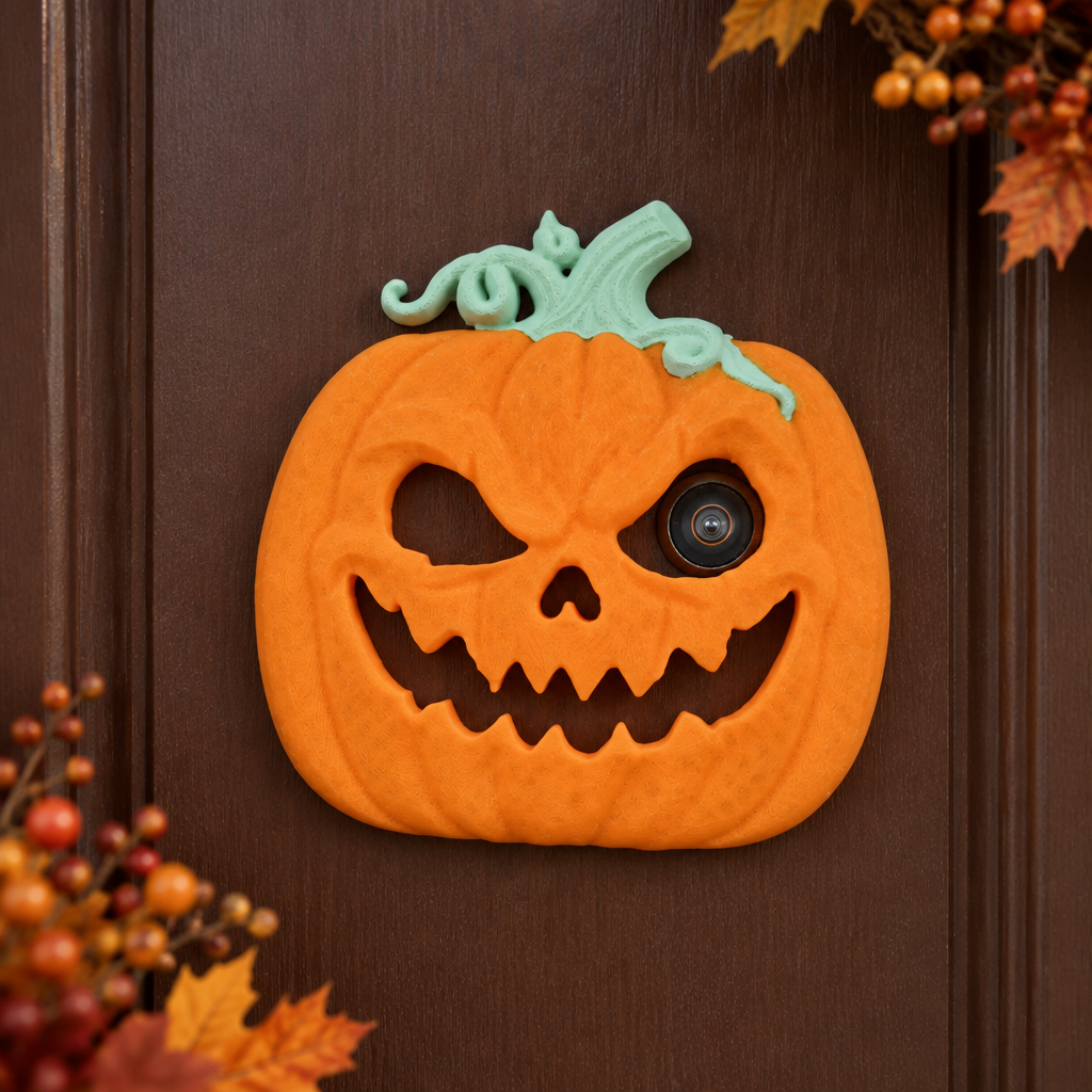 Close-up of pumpkin eye framing door peephole
