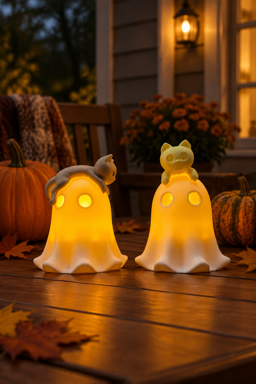 Pair of glowing ghost and cat tealight holders on a sheltered porch table with pumpkins at dusk
