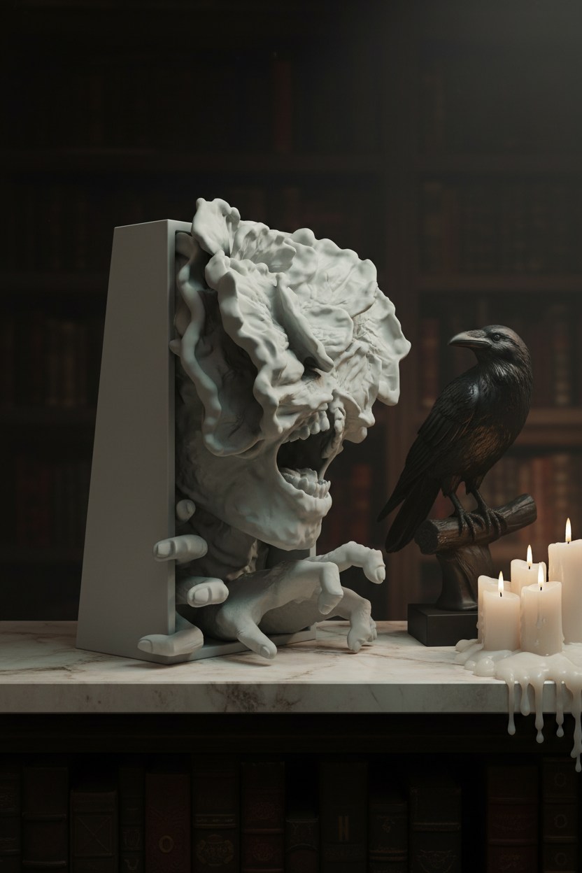 Stranger Things Demogorgon book nook relief sculpture white framed box pale marble shelf dark moody interior black raven sculpture melted taper candles ghostly atmospheric pale editorial portrait