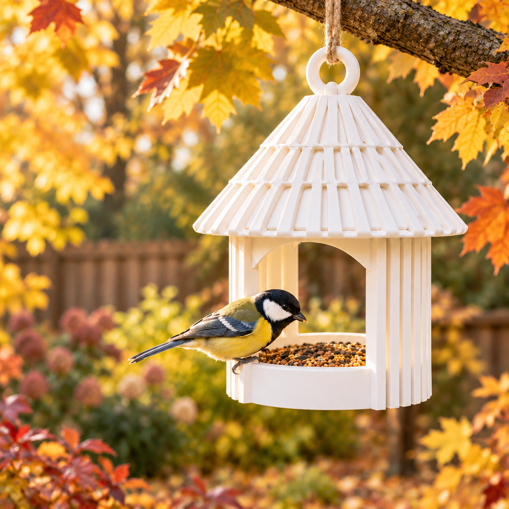 Garden Hut feeder among autumn leaves