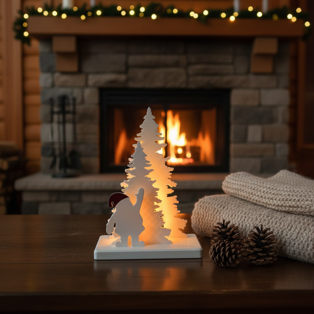 Santa Claus tree scene glowing on coffee table beside pine cones and throw fireplace lifestyle