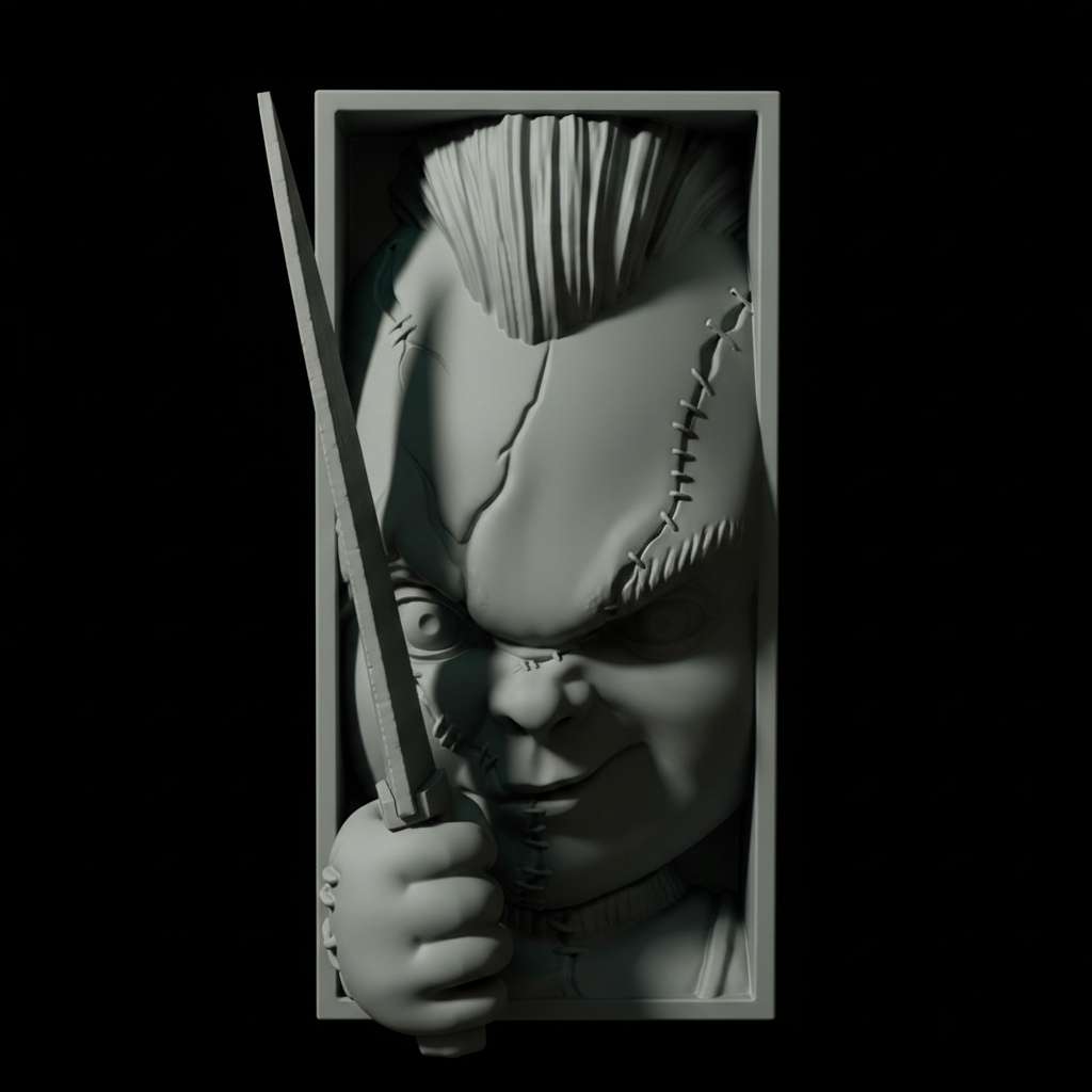 Chucky book nook relief sculpture grey framed box extreme close up macro rounded doll face scarred slash wounds stitched suture crosses wild mohawk hair wide eyes stubby hand knife blade pure black studio split raking light sharp precise sculptural shadow square editorial