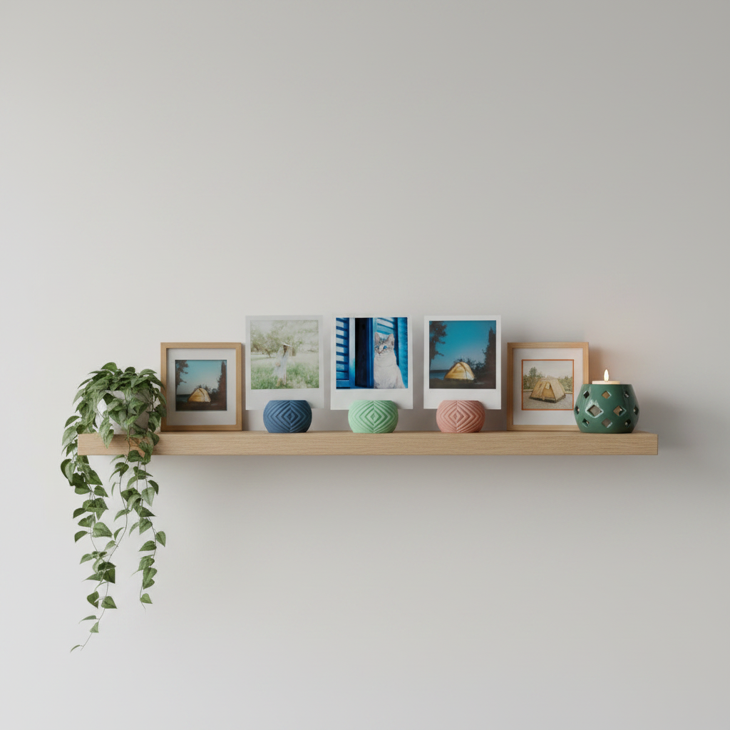 Three Geometric Mini Photo Holders soft blue grey pink matte diamond lattice pebble form each holding square polaroid print pale oak floating wall shelf small framed prints trailing ivy geometric ceramic candle holder bright minimal contemporary interior square editorial