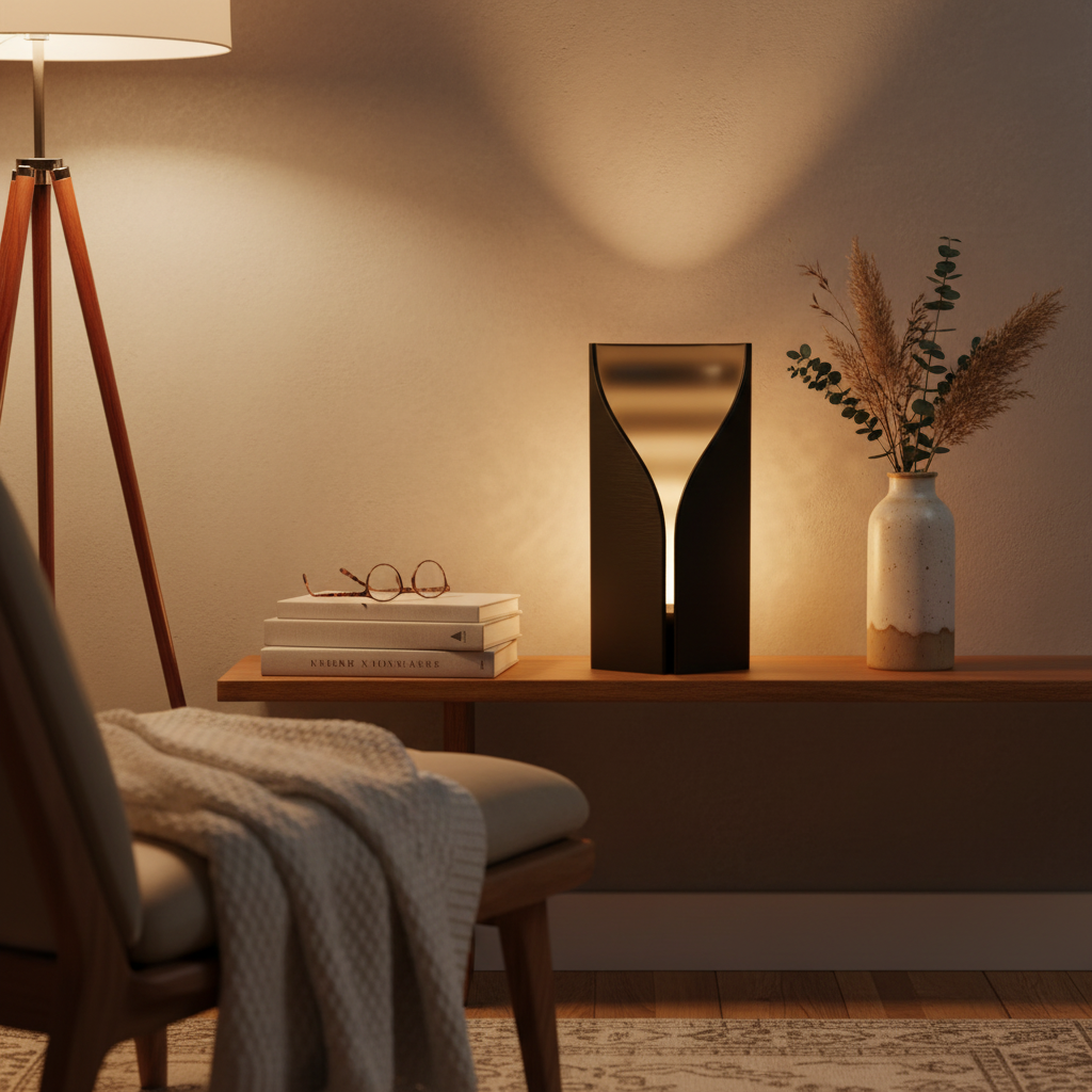 Black ripple lamp on shelf - lifestyle
