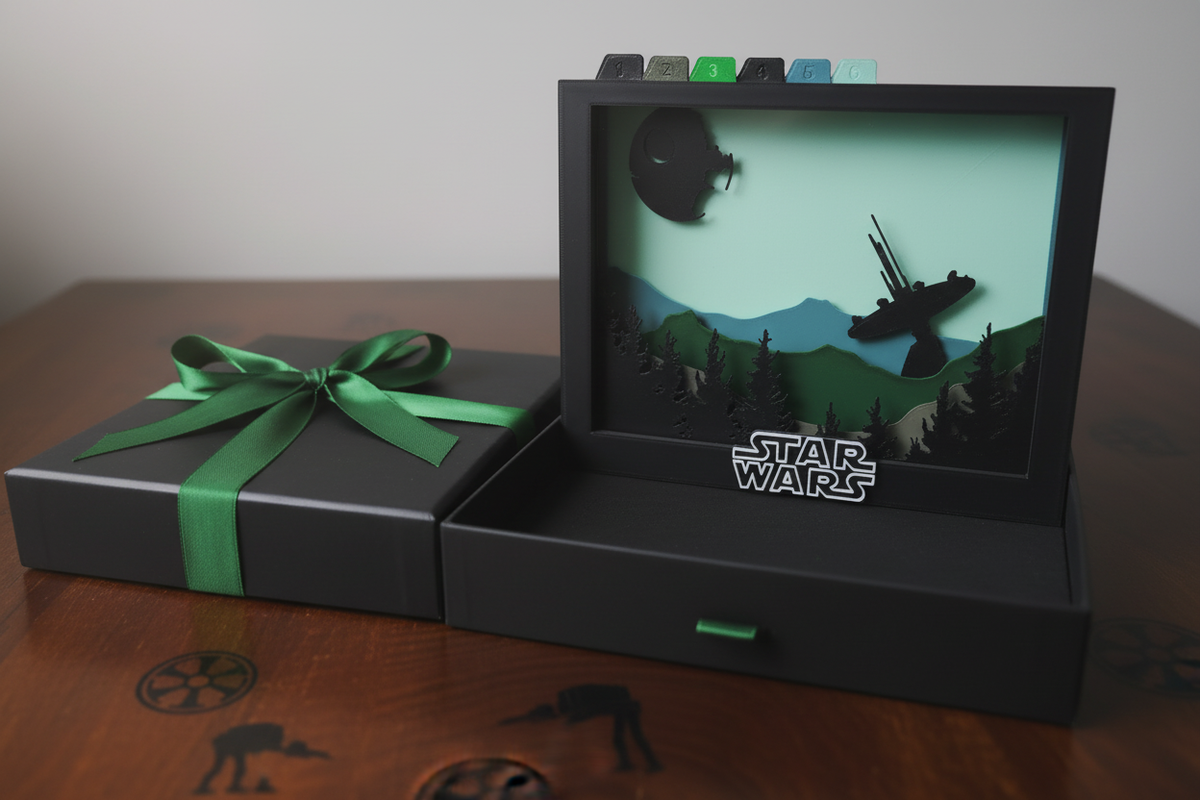 Star Wars Endor Shadow Box presented as a gift in a sleek black box with green ribbon