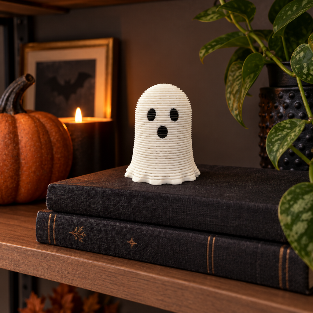 White ghost spring fidget resting on dark books on a modern shelf