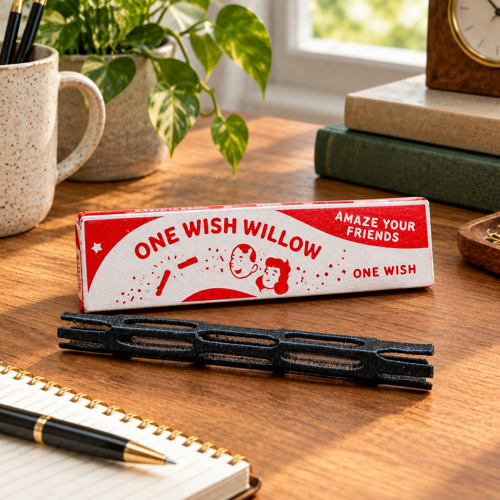 One Wish Willow black stick and presentation box on a home office desk