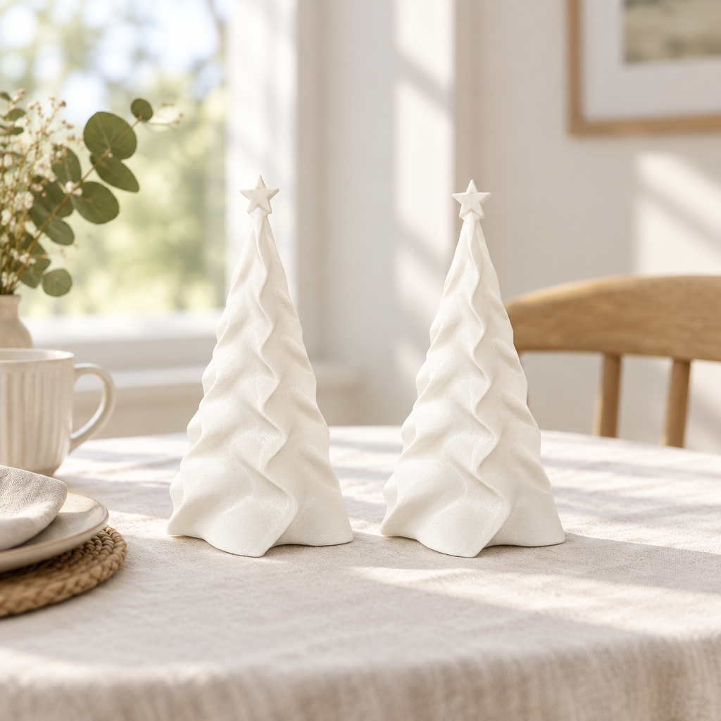 Two matching white folded Christmas trees on a bright breakfast table
