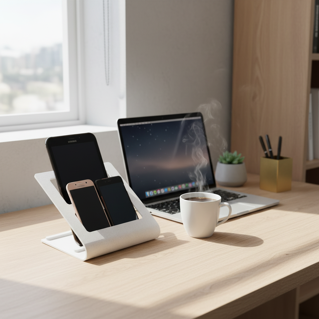 Remote Control Organiser holding smartphones and a tablet on a minimalist home office desk with laptop and coffee