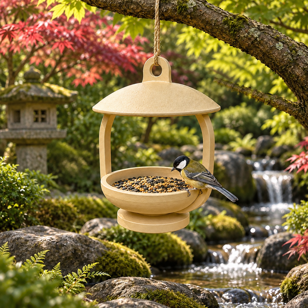 Pale canopy bird feeder near mossy stones and maple leaves