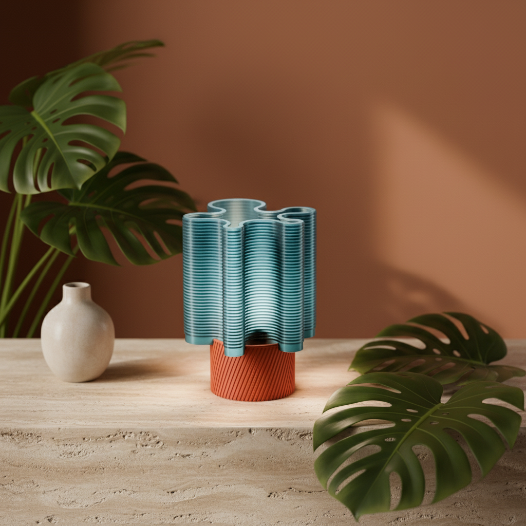 Wavy ripple lamp on travertine with monstera leaves and ceramic vase