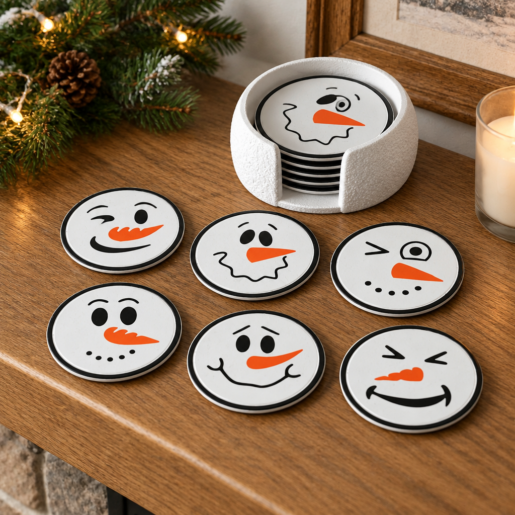Snowman coasters in textured holder on oak mantel