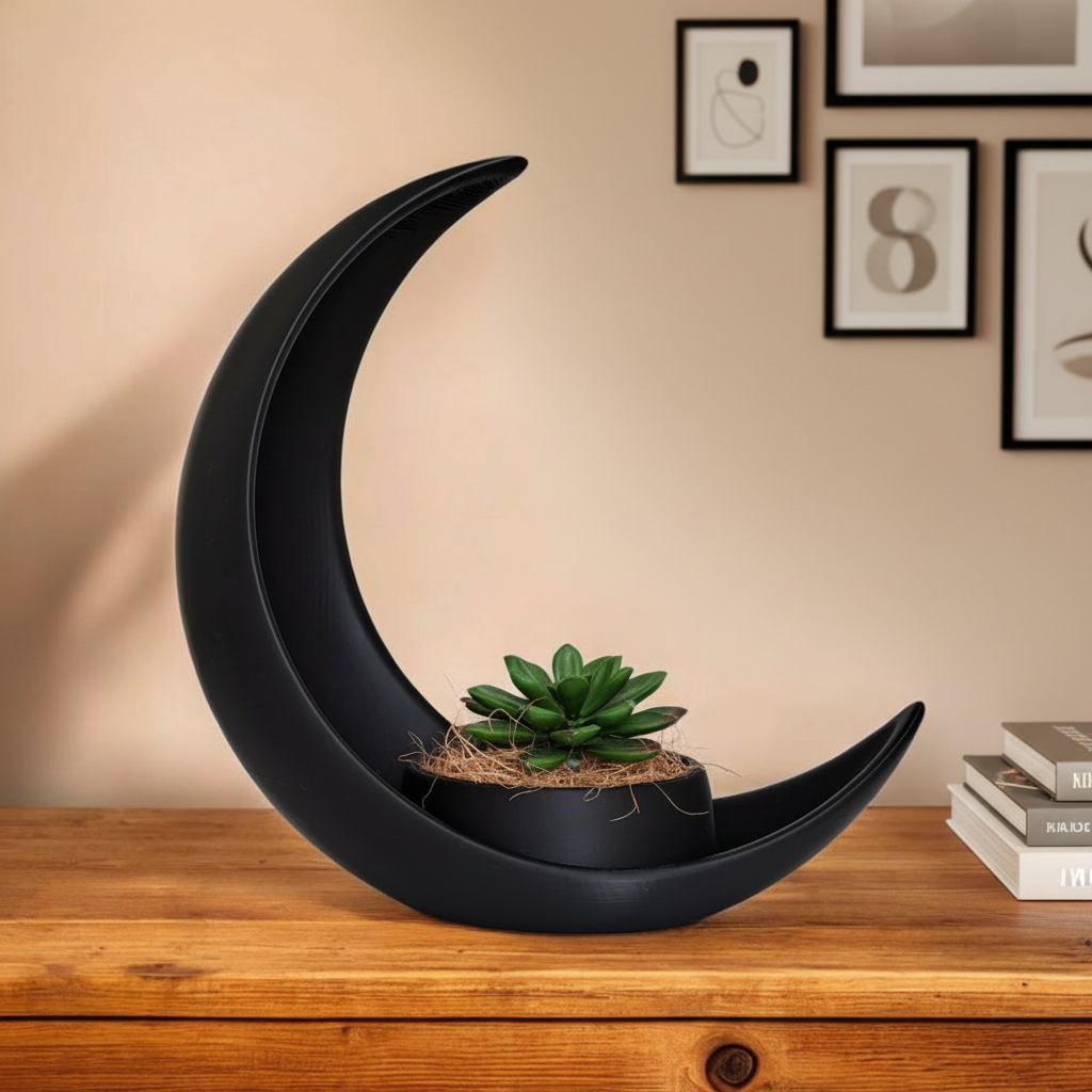Black crescent moon planter with succulent on a living room sideboard