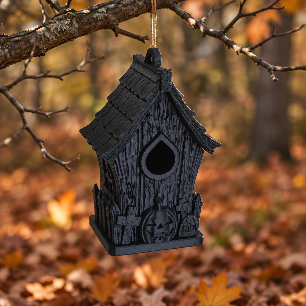 Haunted bird house hanging above fallen autumn leaves