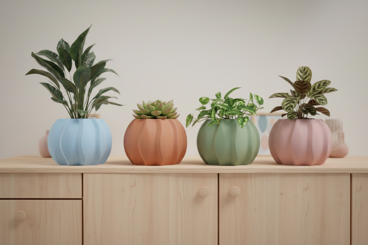 Four Modern Wave-Pattern Planters powder blue terracotta sage green dusty pink matte globe pumpkin-ribbed swirling wave panels succulent pothos peperomia calathea pale linen sideboard warm cream wall bright contemporary living room soft afternoon light wide editorial landscape
