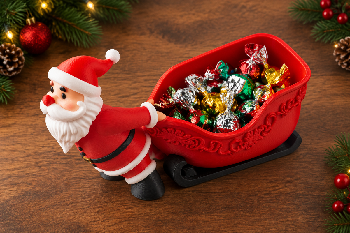 Elevated view into the open Santa sleigh sweet bowl showing wrapped chocolates