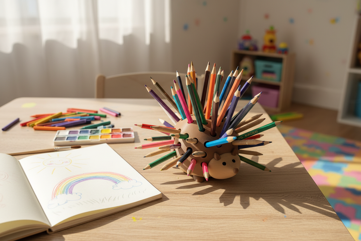 Pencil Hedgehog on a child's desk with sketchbook and watercolour paints