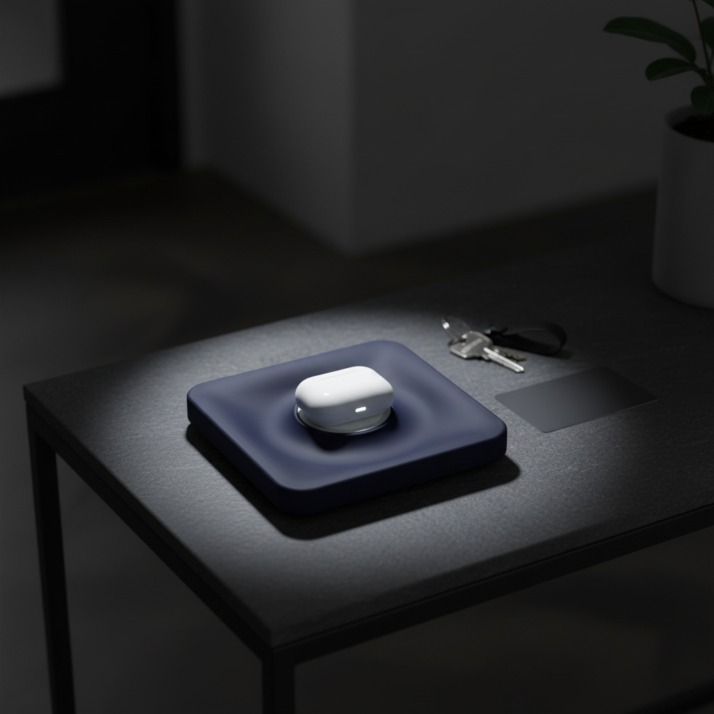 Navy tray with AirPods on dark slate entryway table - lifestyle