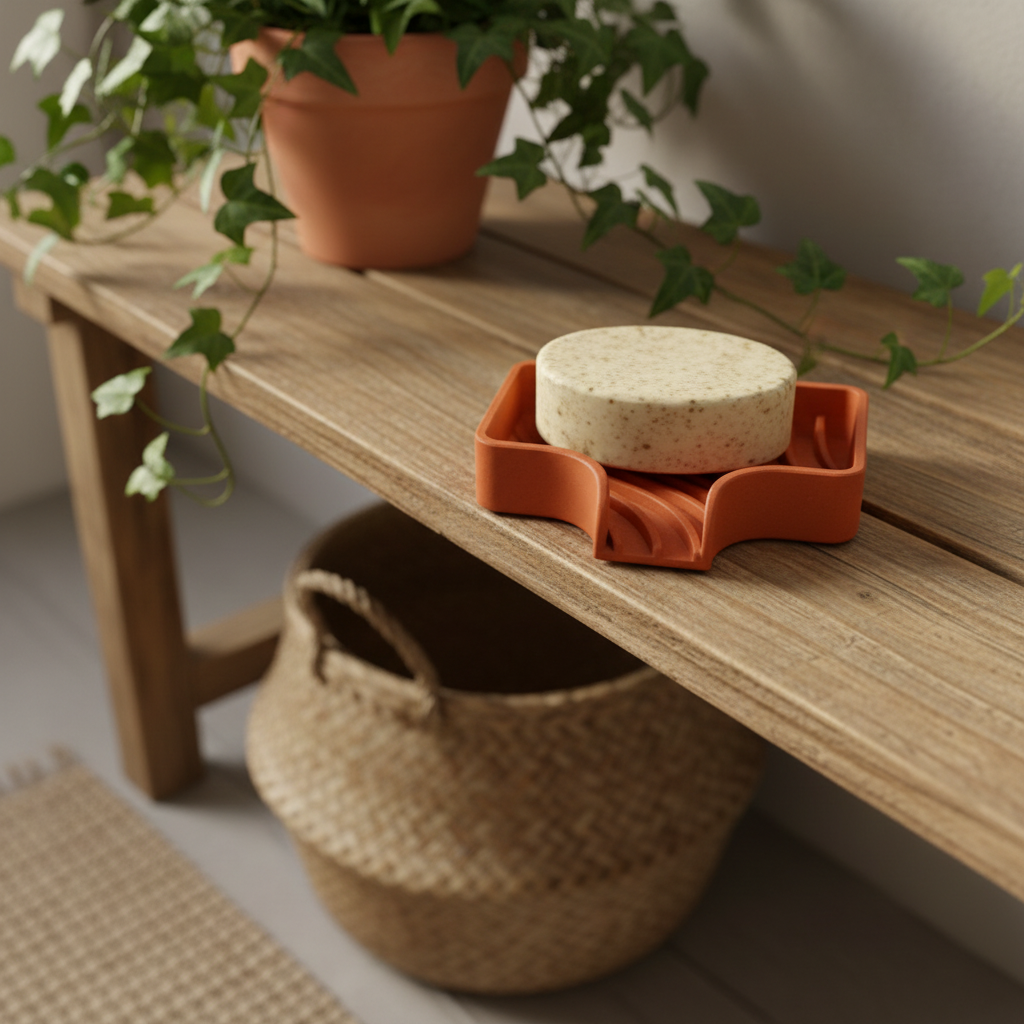 Terracotta orange curved soap dish on wooden bathroom shelf with natural bar of soap and ivy plant