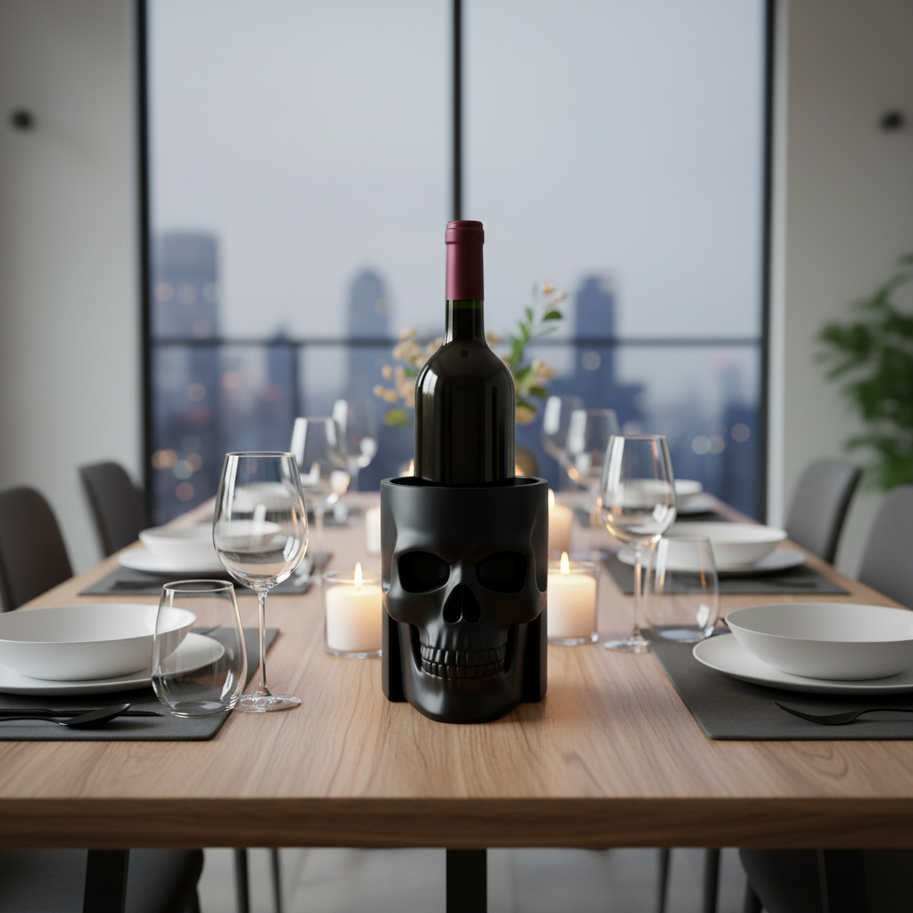Skull bottle cooler with wine bottle as the centrepiece of a dinner party table