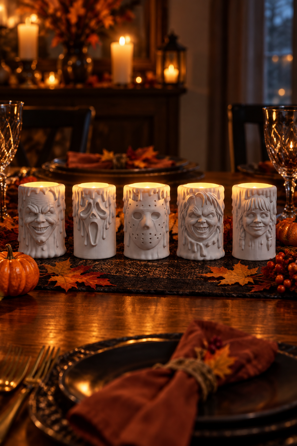 Five white sculpted horror tealight holders arranged together on an autumn dining table