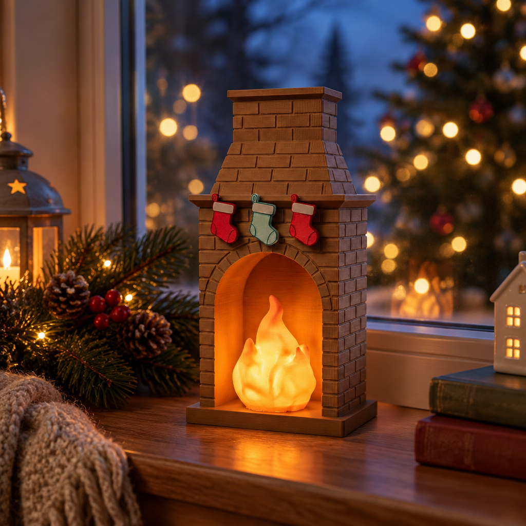 Christmas fireplace tealight holder displayed on a winter windowsill at dusk