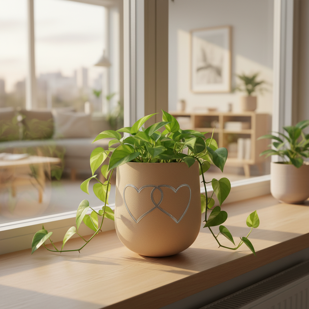Warm beige Two Hearts planter with a trailing pothos on a sunny windowsill in a Scandinavian living room