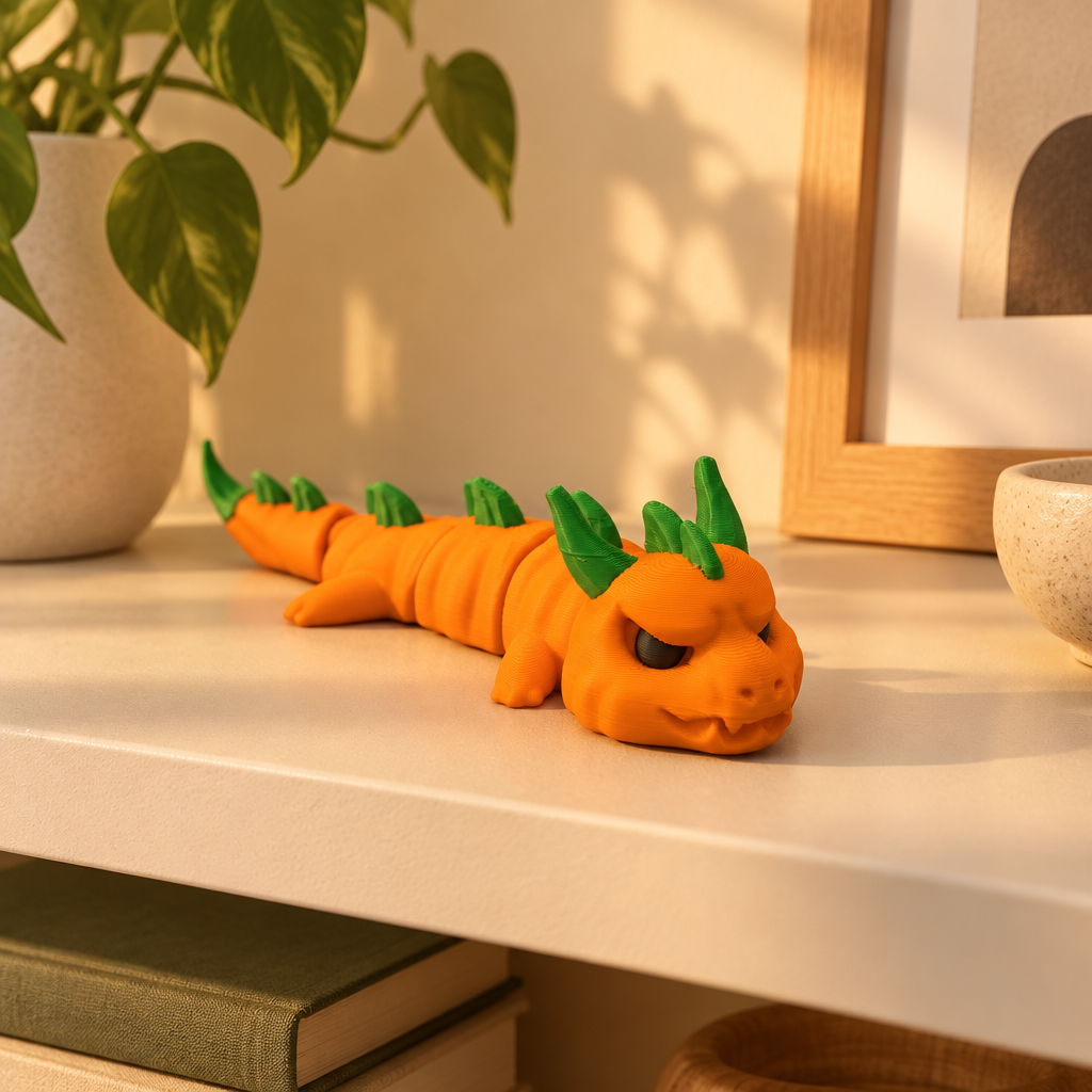 Pumpkin dragon on a cream shelf