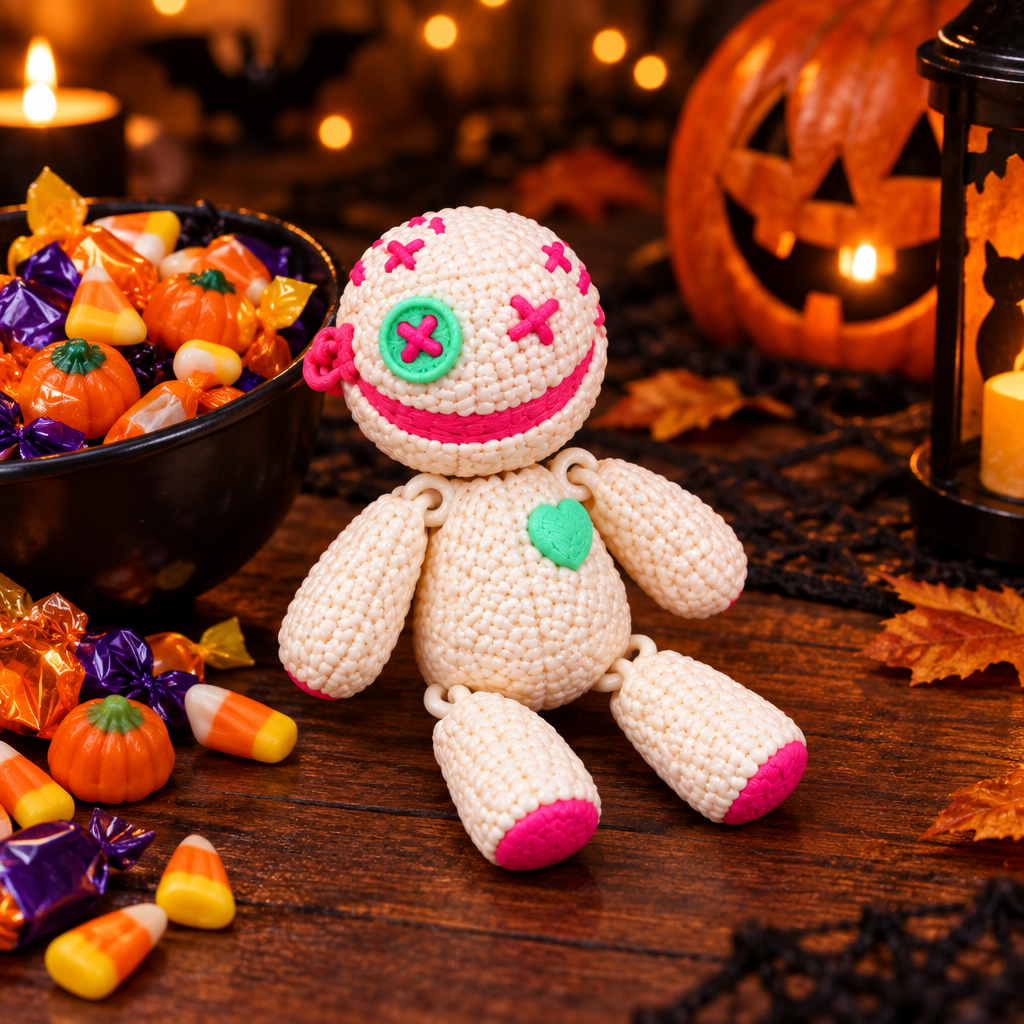 Cream and pink Vodoo Doll on Halloween party table