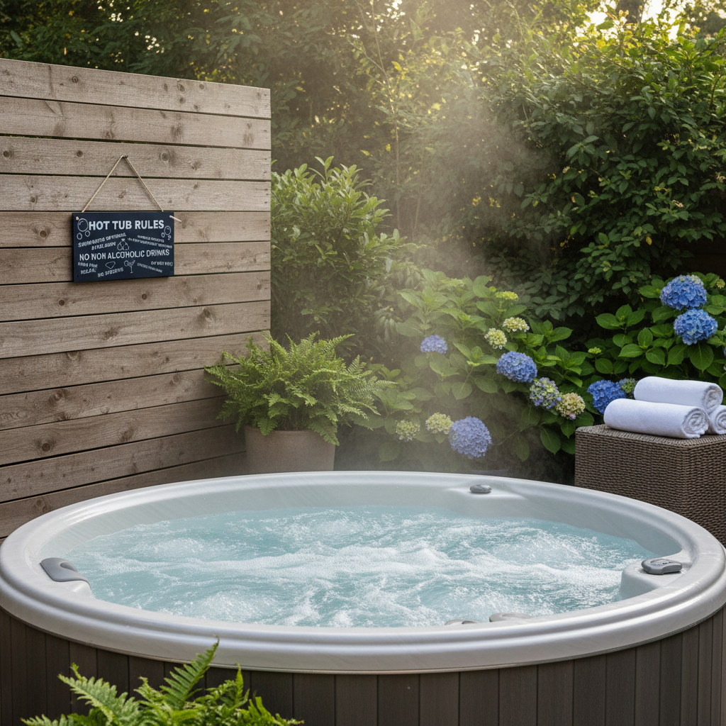 Hot Tub Rules Sign shown at realistic scale on a garden fence beside a hot tub