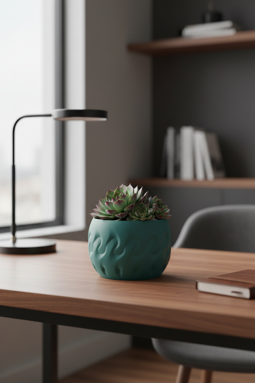 Modern Textured Planter Pot deep teal green matte rounded bowl organic flame-dent impressions compact hen and chicks succulent warm walnut desk moody contemporary home office soft side window light portrait
