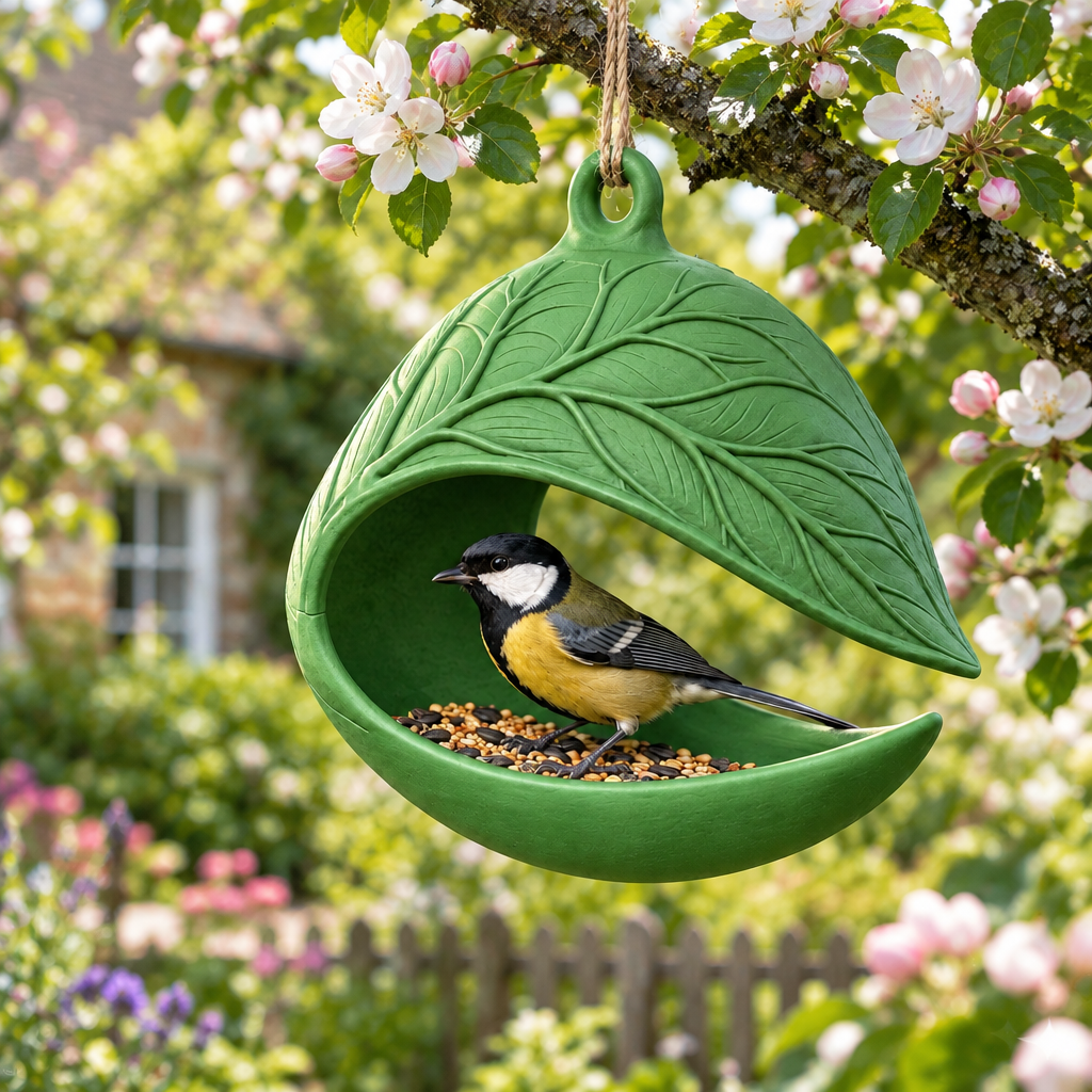 Green Leaf Nest bird feeder hanging beneath apple blossom