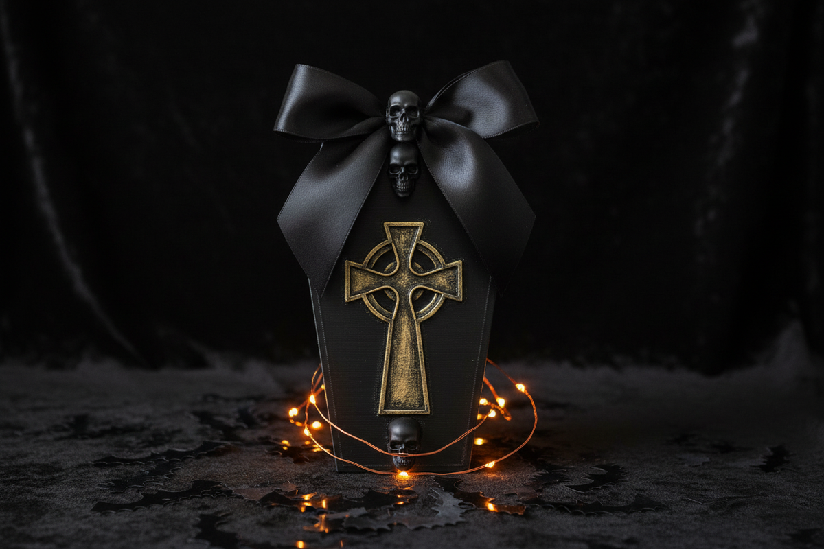 Halloween Coffin Shadow Box - Skull Coffin design as Halloween gift with black ribbon and bat confetti