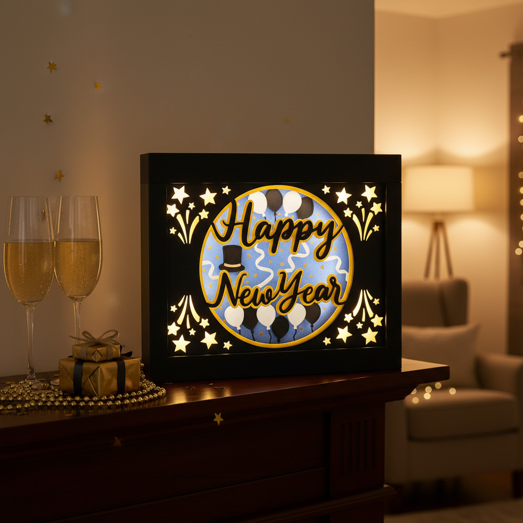 Happy New Year Shadow Box displayed on a dark mantelpiece with champagne glasses and gold decorations