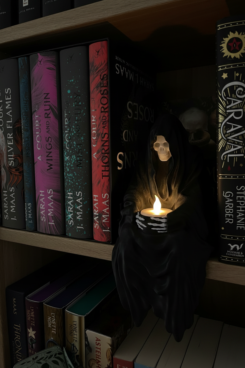 Grim Reaper shelf sitter figurine white matte hooded skull face flowing robes skeletal hands holding glowing candle dark wooden bookshelf colourful fantasy hardcover books atmospheric candlelit library portrait