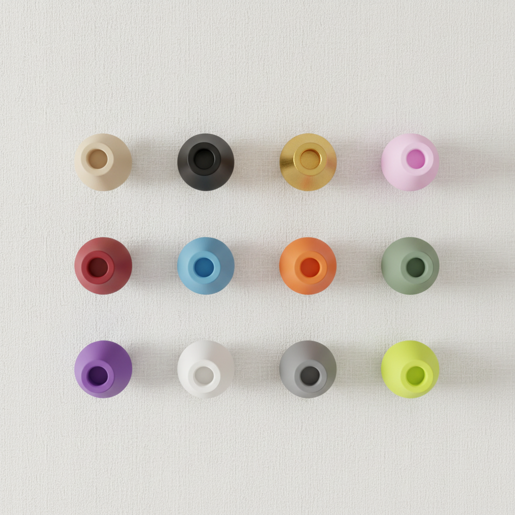 Twelve taper handles in assorted colours flat lay