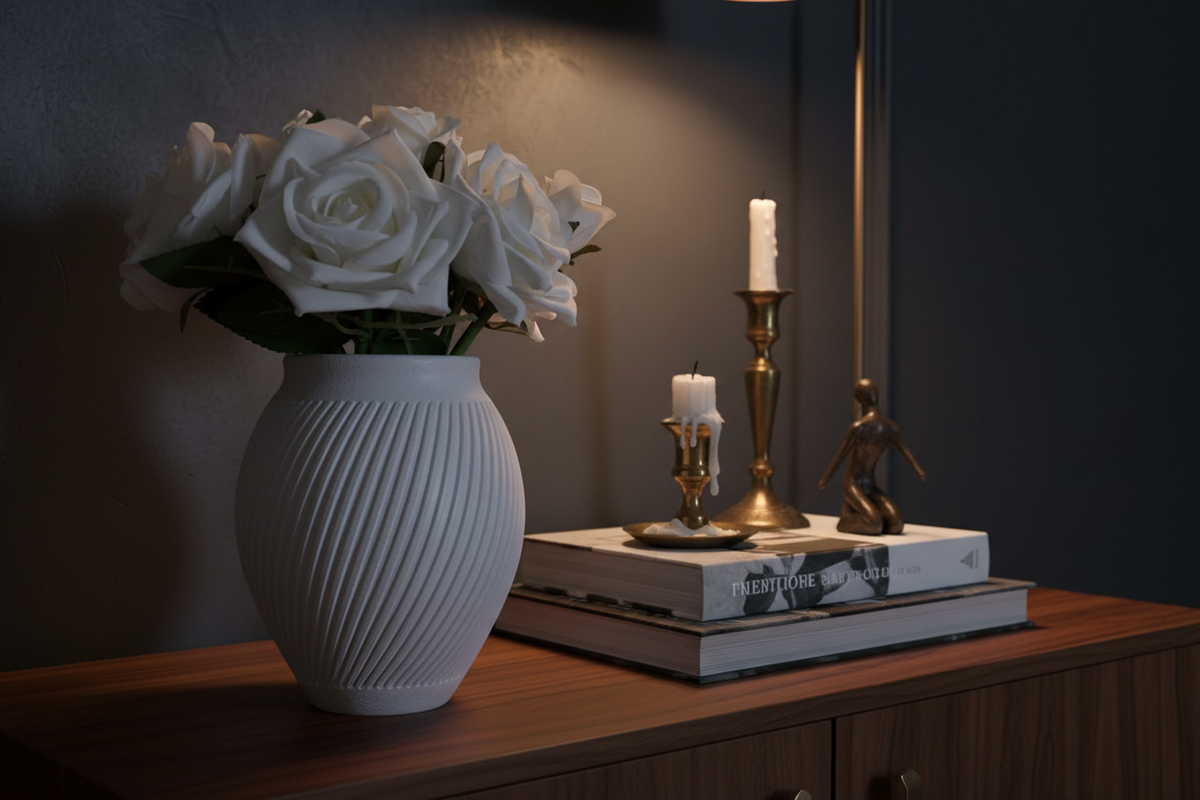 Versa slatted vase on a dark walnut sideboard with brass candlestick and art books in a moody sophisticated interior