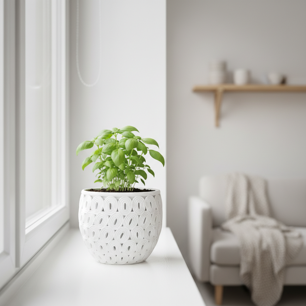 Rattan Retro Bloom Planter in white — bright windowsill lifestyle