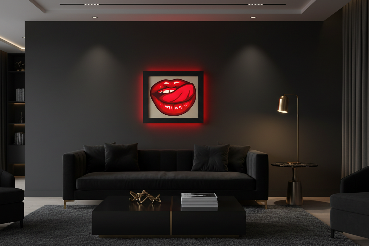 Lips shadow box glowing red on a dark accent wall with black furniture and gold accents