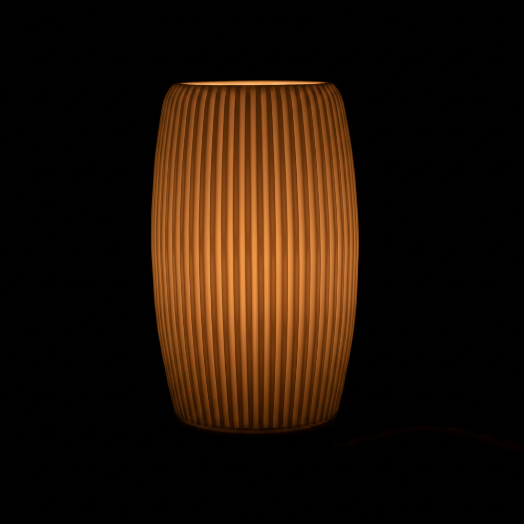 Ribbed E27 Lamp with diffuser tall oval barrel extreme macro close up dense fine vertical ribbing outer shade texture warm amber inner diffuser glow grey rounded base black studio background soft directional raking light every fine rib precise shadow detail square editorial