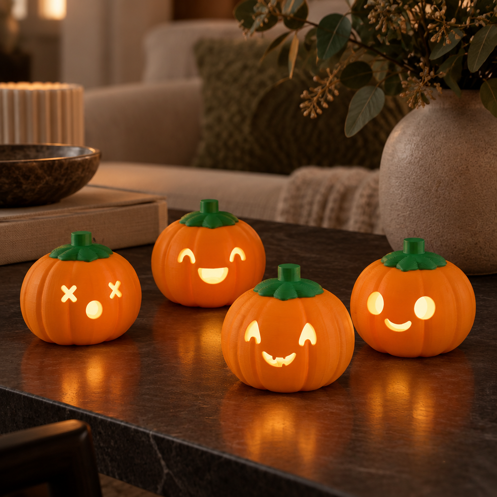 Four pumpkin lanterns on dark stone
