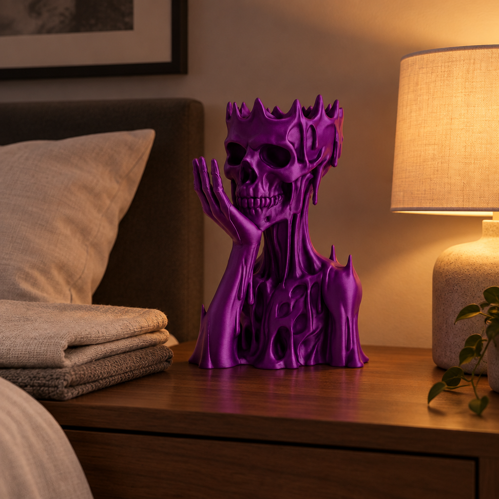Purple skull and upper torso ornament displayed on a bedside table with folded linen and warm lamp light.