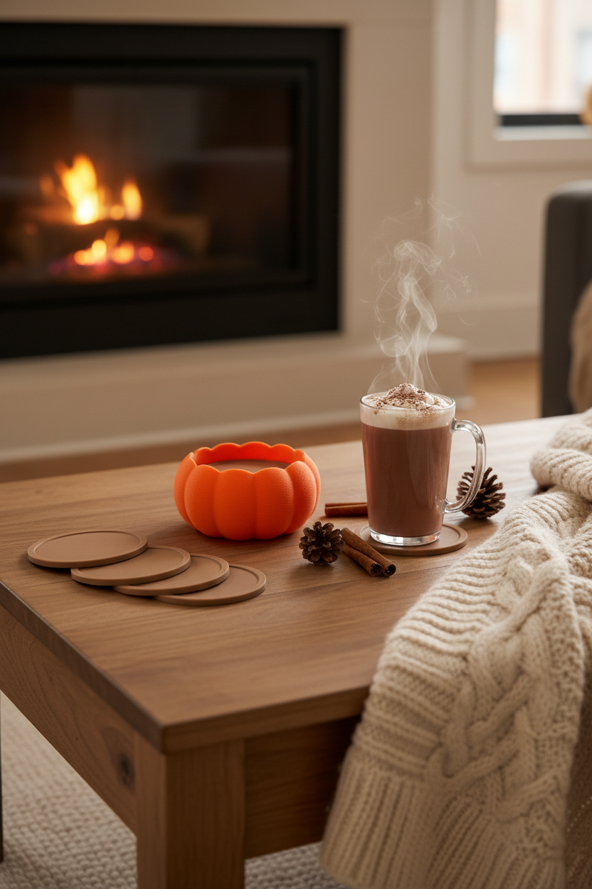 Pumpkin coaster set on coffee table with knit blanket and hot chocolate