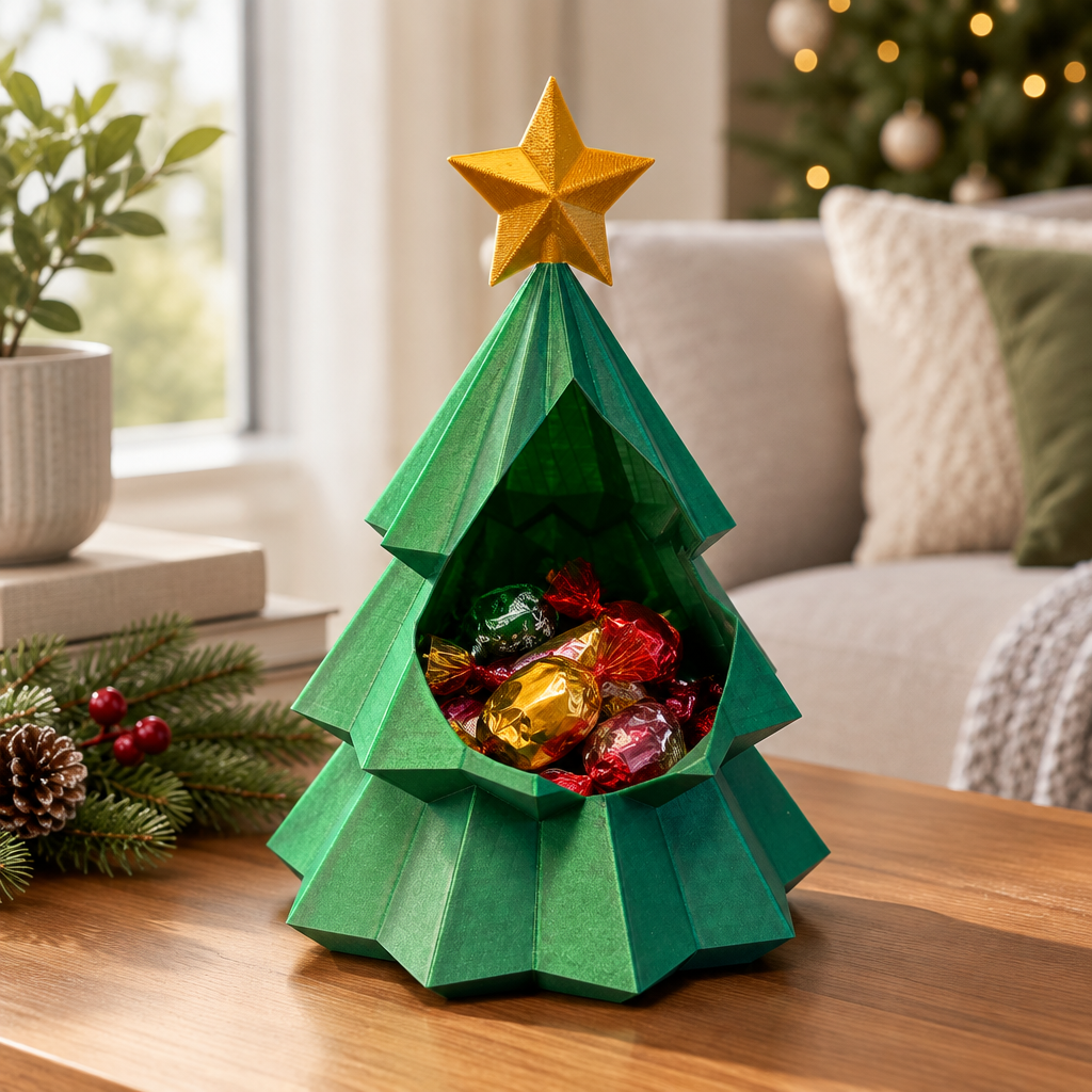 Green Christmas tree snack bowl on a side table with wrapped candies and greenery