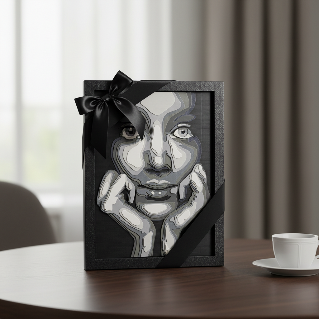 The Girl in Layers shadow box presented as a gift with black ribbon and bow on a table
