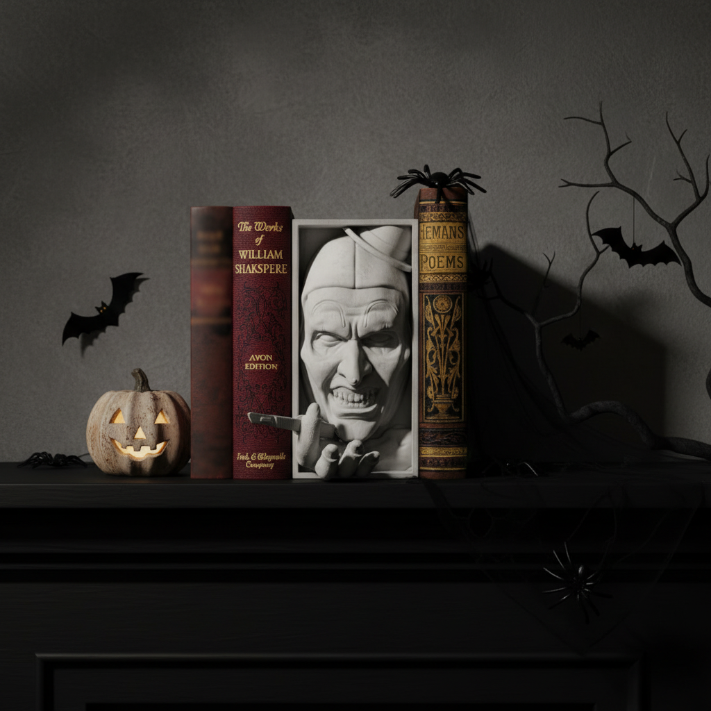 IT horror clown book nook on a Halloween mantel
