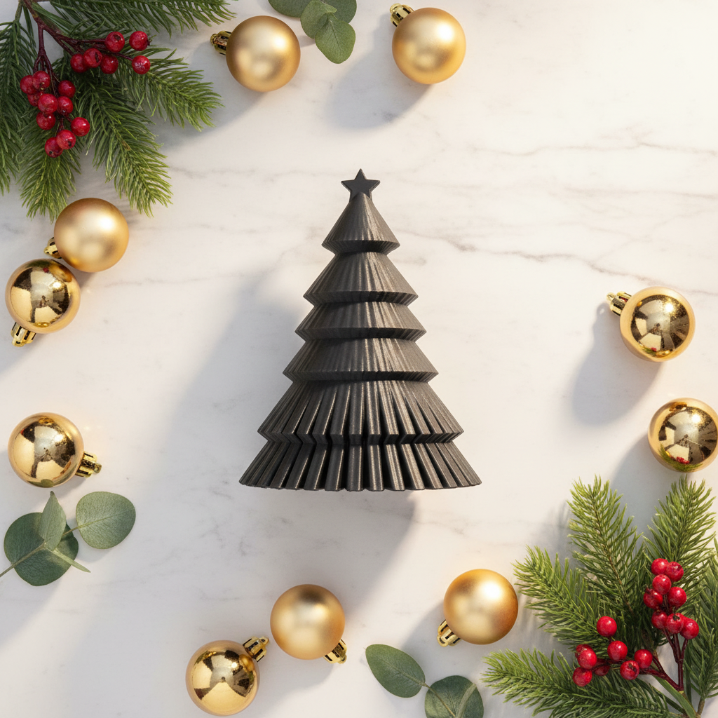 Charcoal ribbed Christmas tree with gold baubles marble flat lay