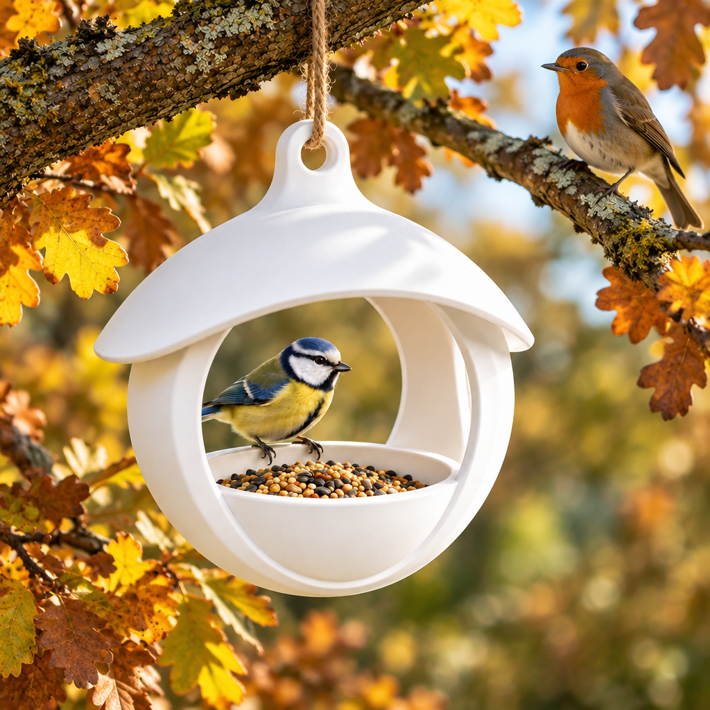 Spherical bird feeder among autumn oak leaves