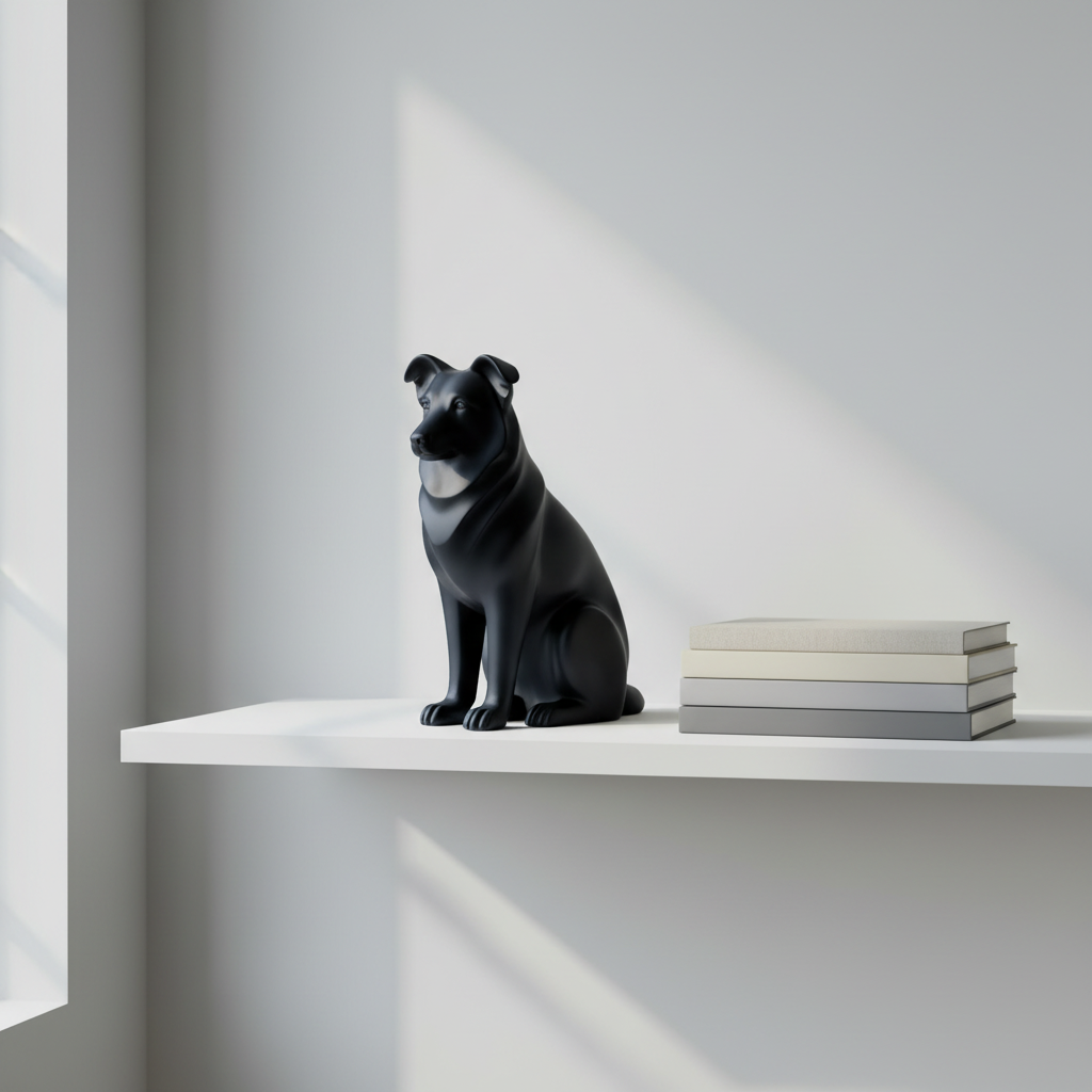 Black Australian Shepherd sculpture on a white living room shelf with books
